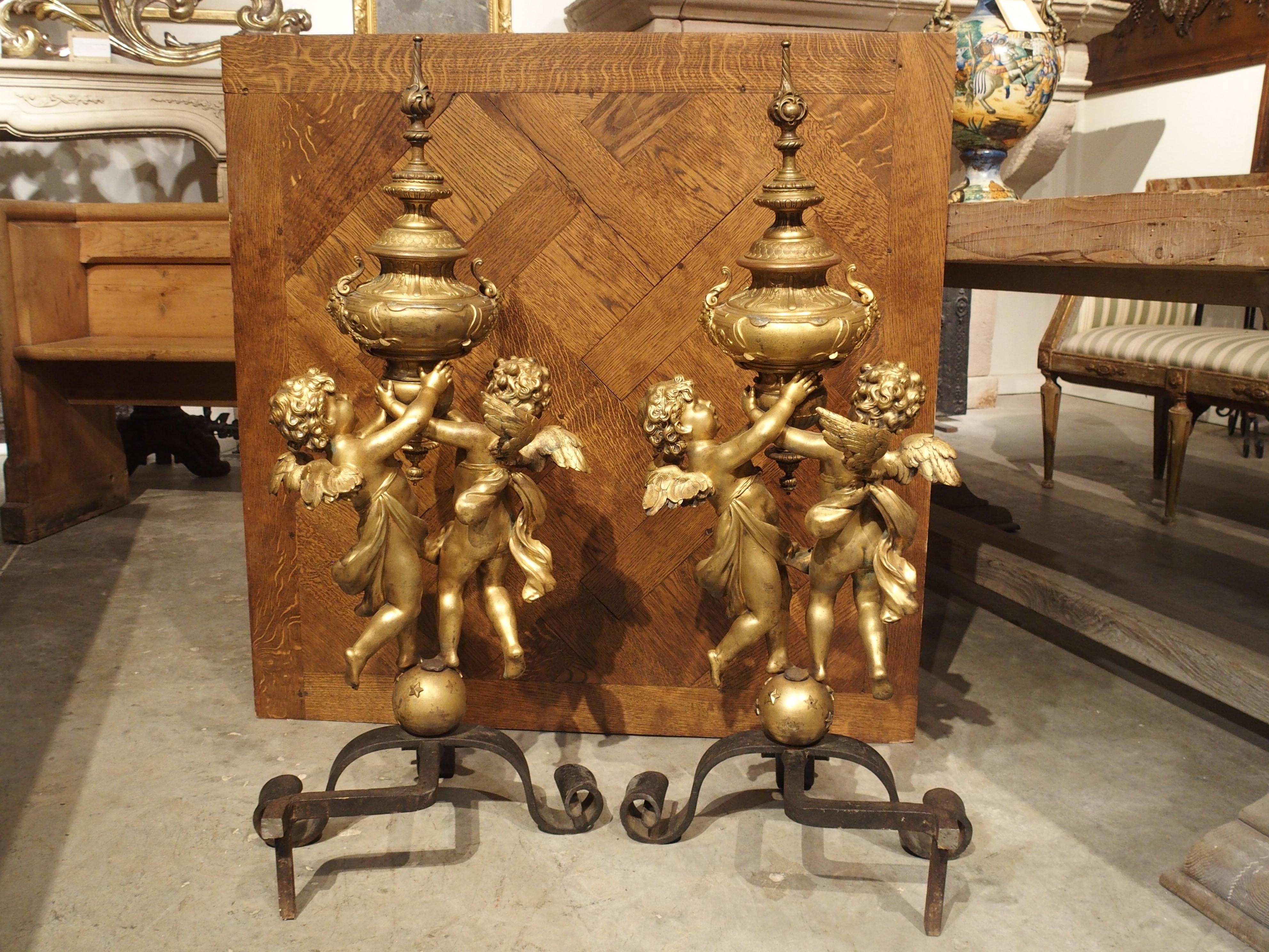 Pair of Large Antique Bronze Doré Andirons from France, circa 1860 10