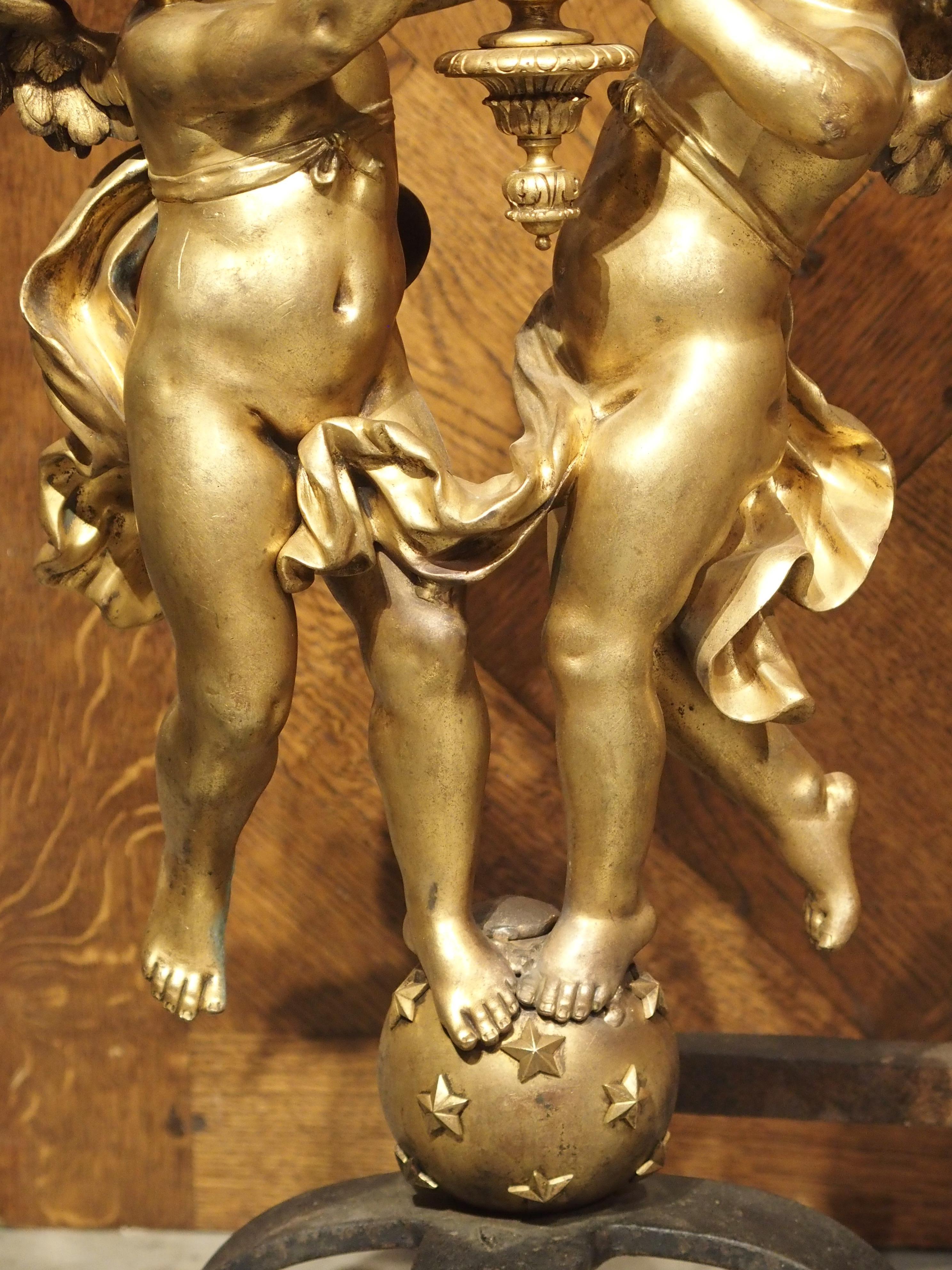 Wrought Iron Pair of Large Antique Bronze Doré Andirons from France, circa 1860