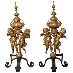 Pair of Large Antique Bronze Doré Andirons from France, circa 1860