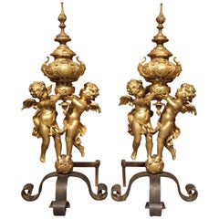 Pair of Large Antique Bronze Doré Andirons from France, circa 1860