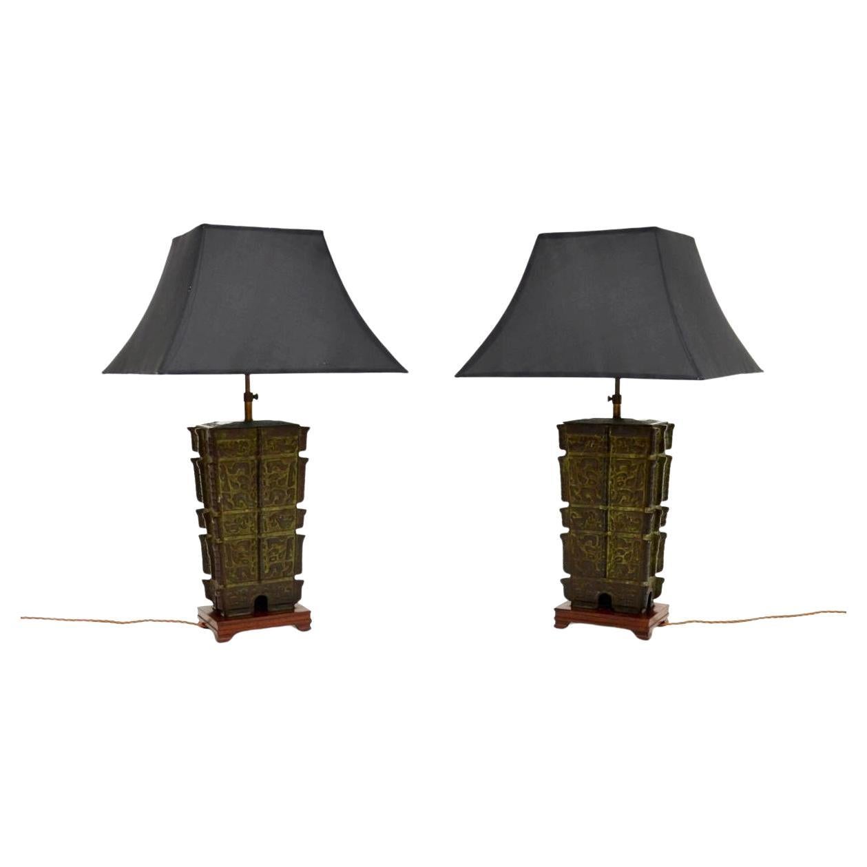 Pair of Large Antique Bronze Oriental Table Lamps