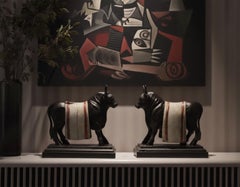 Pair of Large Antique Carved Wooden Bull Sculptures Europe Circa 1850-60