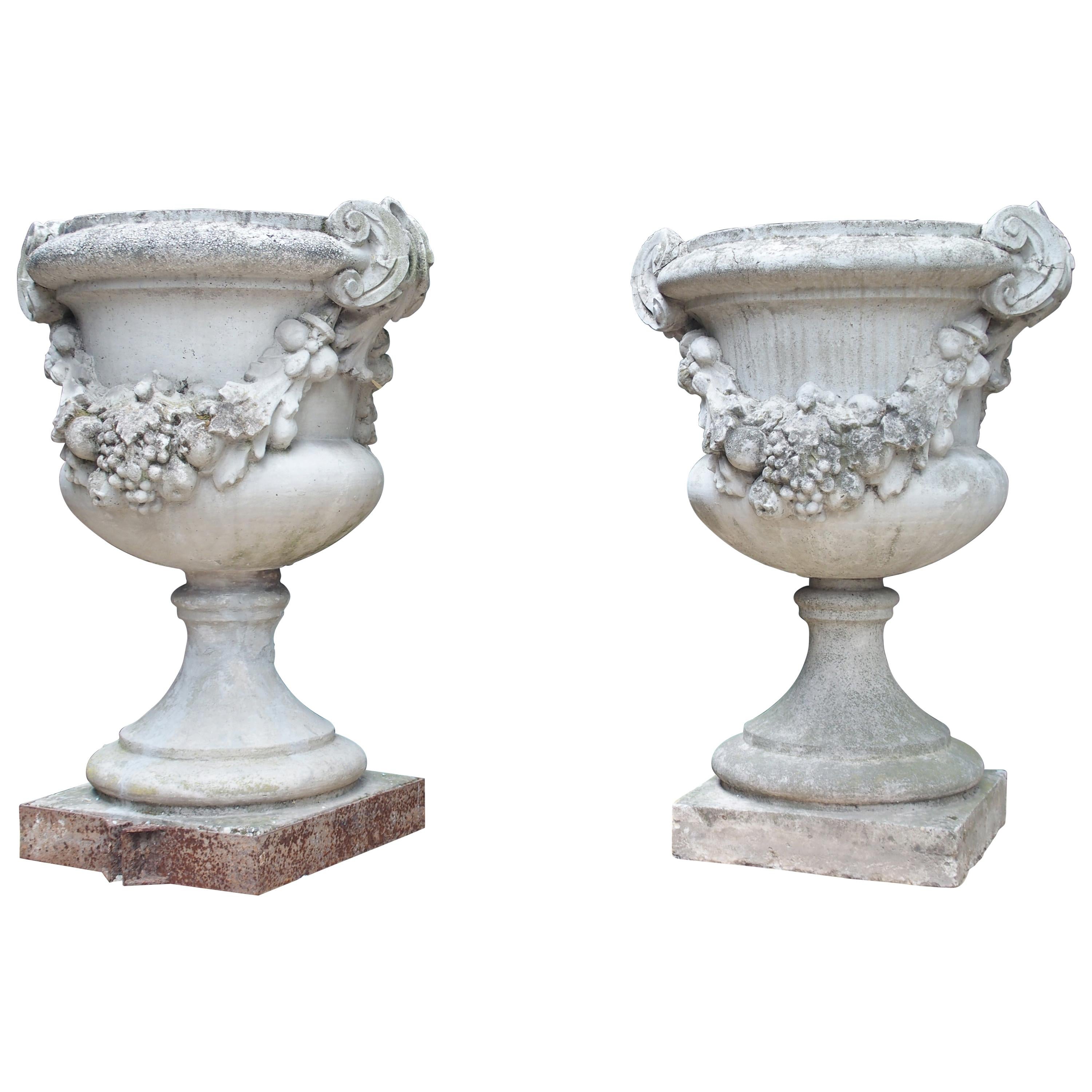 Pair of Large Antique Cast Stone Urns from Italy, circa 1915 For Sale