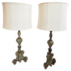 Pair of Large Antique Celadon Green & Gilded Candlestick Table Lamps