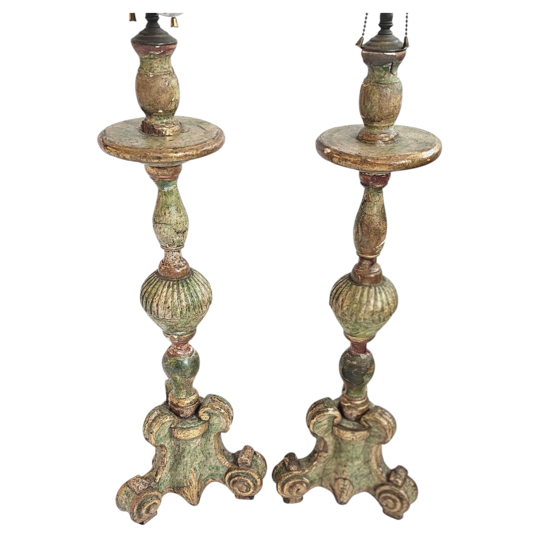 Pair of Large Antique Celadon Green & Gilded Candlestick Table Lamps For Sale
