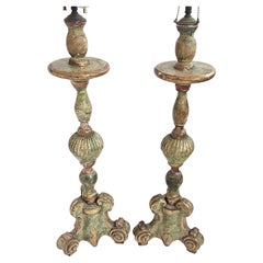 Pair of Large Antique Celadon Green & Gilded Candlestick Table Lamps