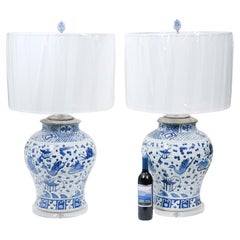 Pair of LARGE Antique Chinese Blue & White Porcelain Lamps