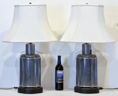 Pair of Large Antique Chinese Brass Trimmed Pewter Tea Caddies as Table Lamps