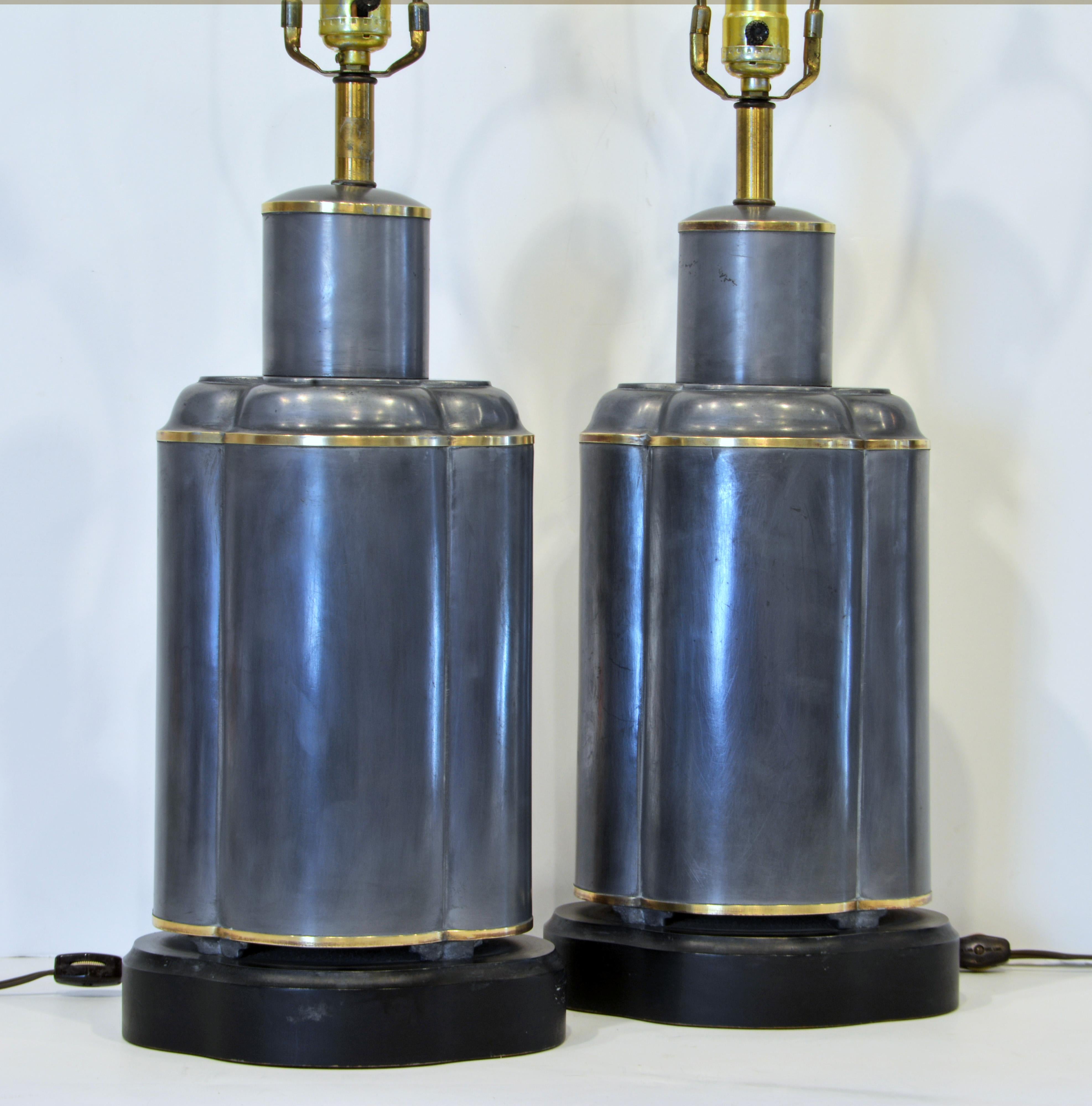 Chinoiserie Pair of Large Antique Chinese Brass Trimmed Pewter Tea Caddies as Table Lamps