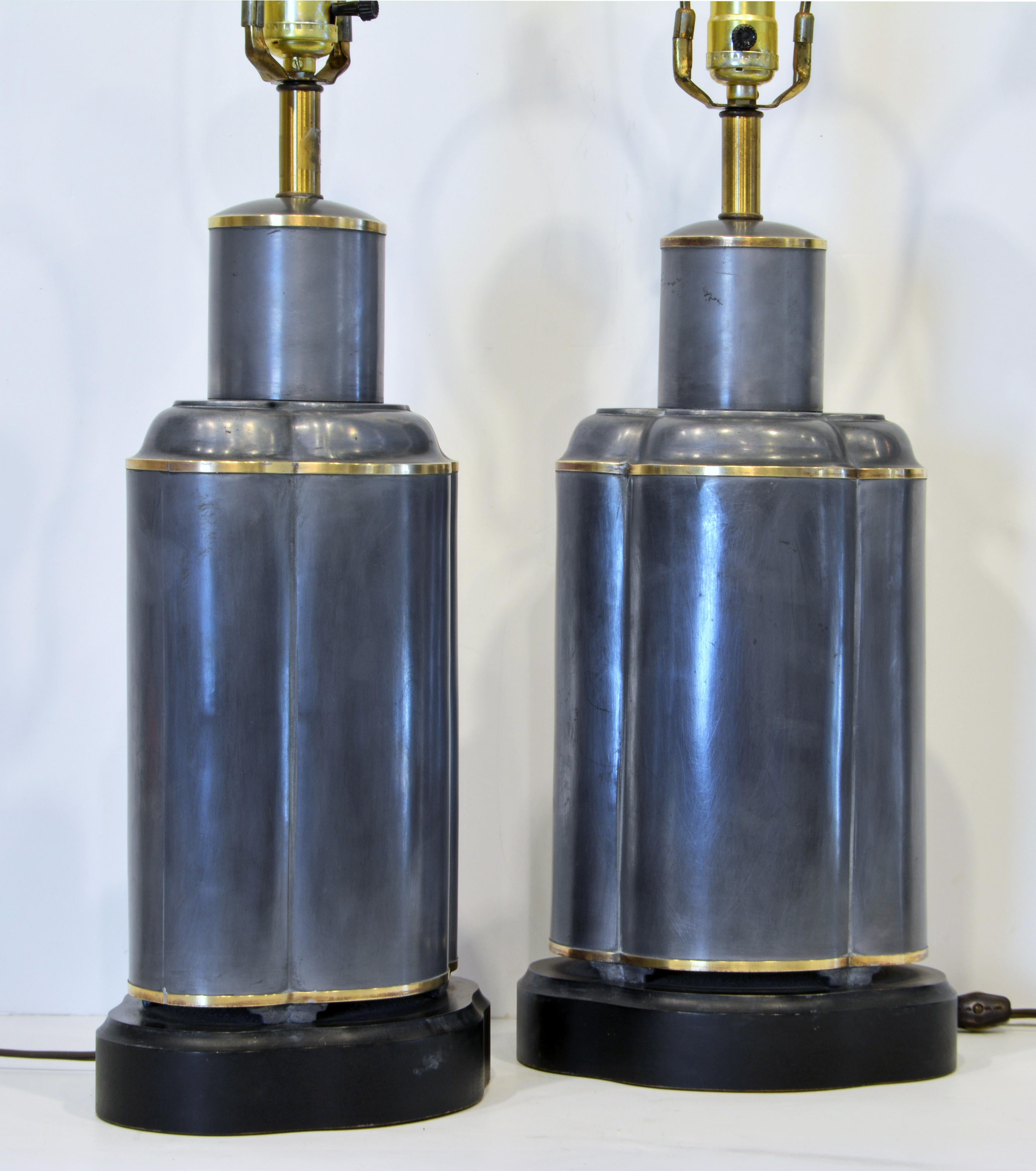 American Pair of Large Antique Chinese Brass Trimmed Pewter Tea Caddies as Table Lamps