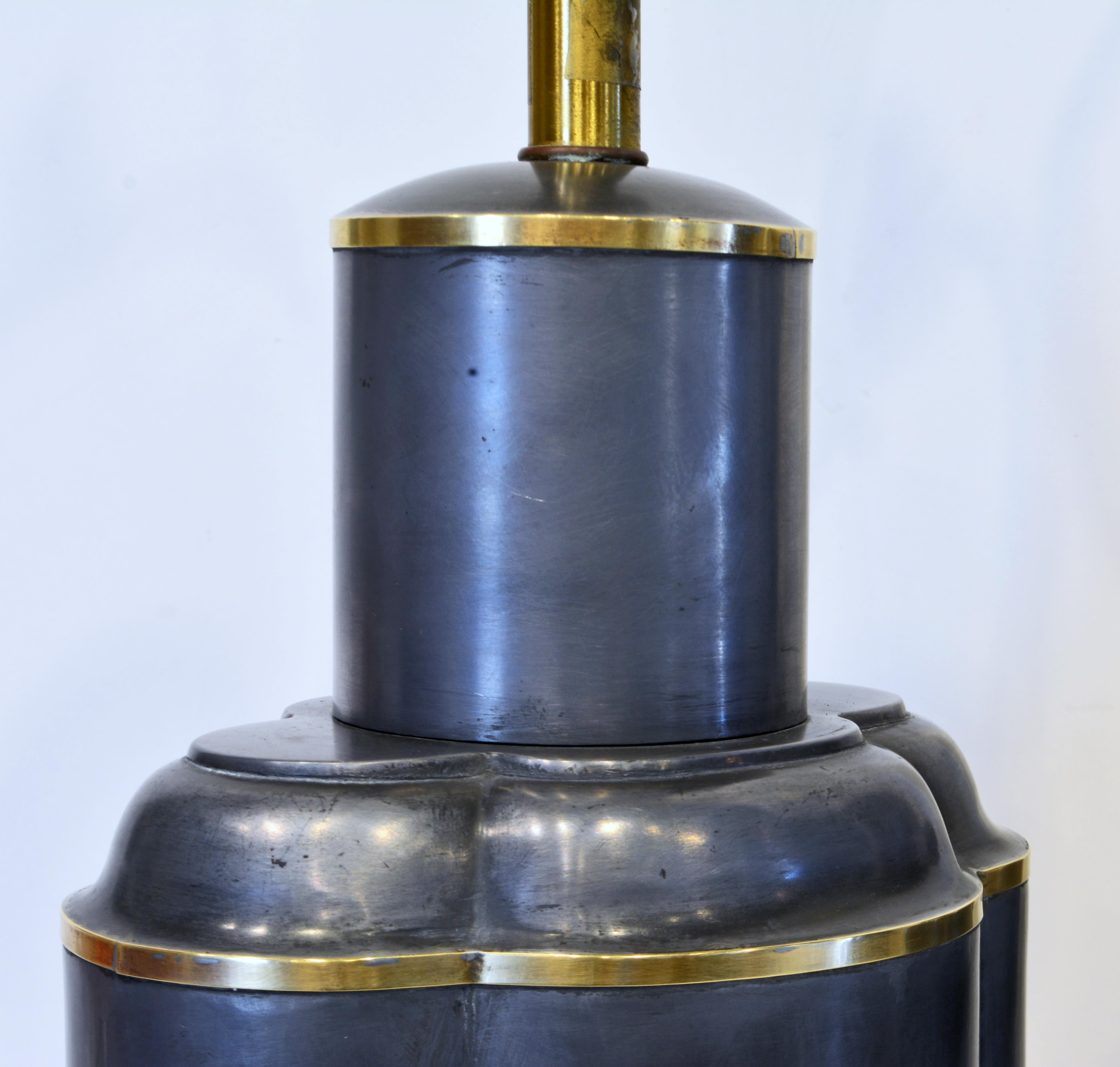 Pair of Large Antique Chinese Brass Trimmed Pewter Tea Caddies as Table Lamps In Good Condition In Ft. Lauderdale, FL