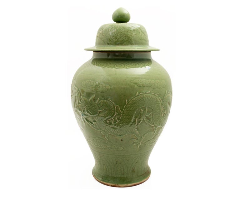 Pair of Large Antique Chinese Celadon Lidded 19th Century Vases at 1stDibs