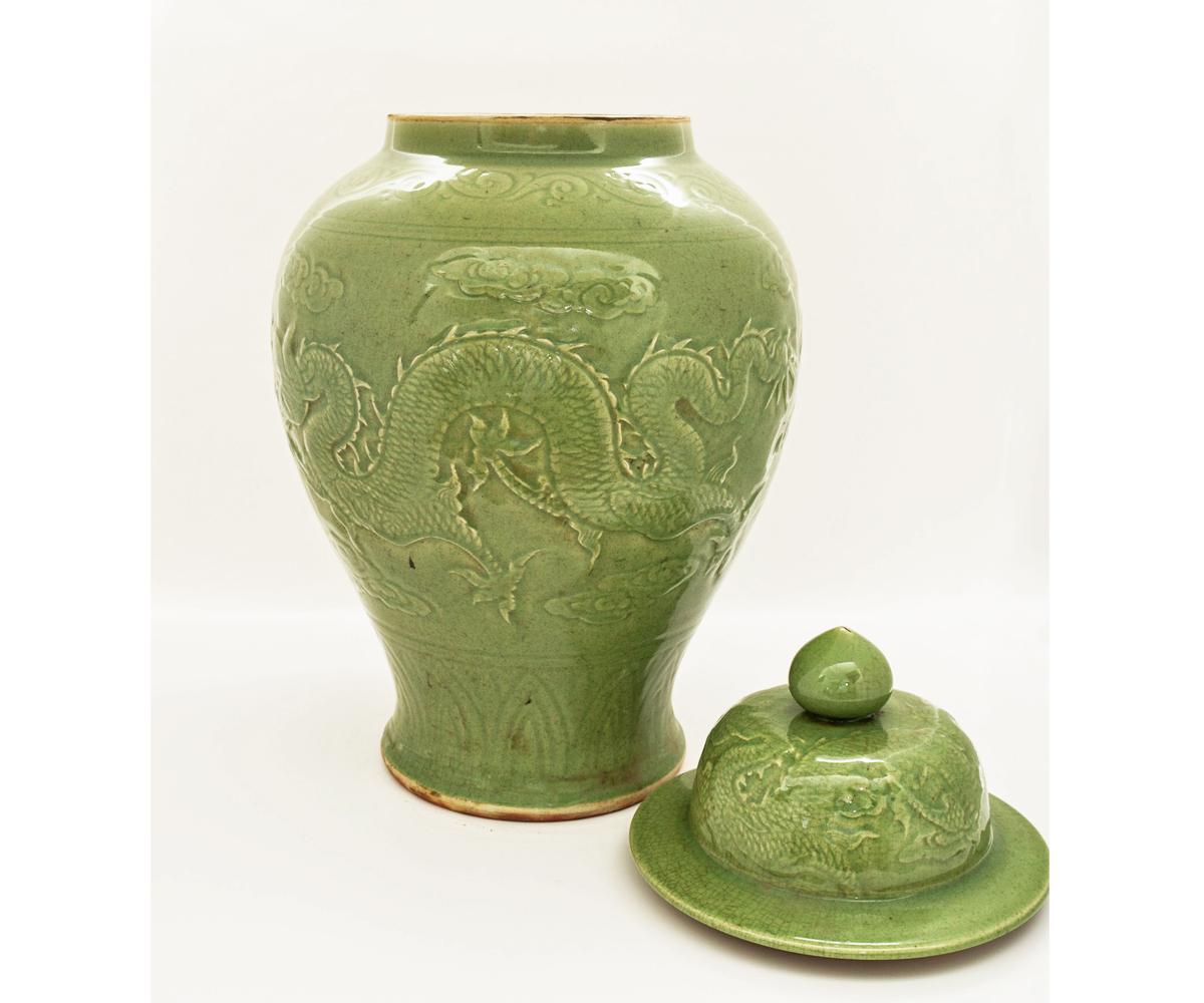 Glazed Pair of Large Antique Chinese Celadon Lidded 19th Century Vases
