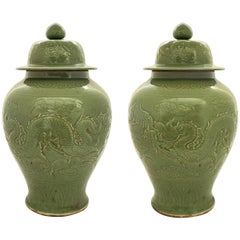 Pair of Large Antique Chinese Celadon Lidded 19th Century Vases