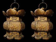 Pair of Large Antique Japanese Gilt Copper Lanterns