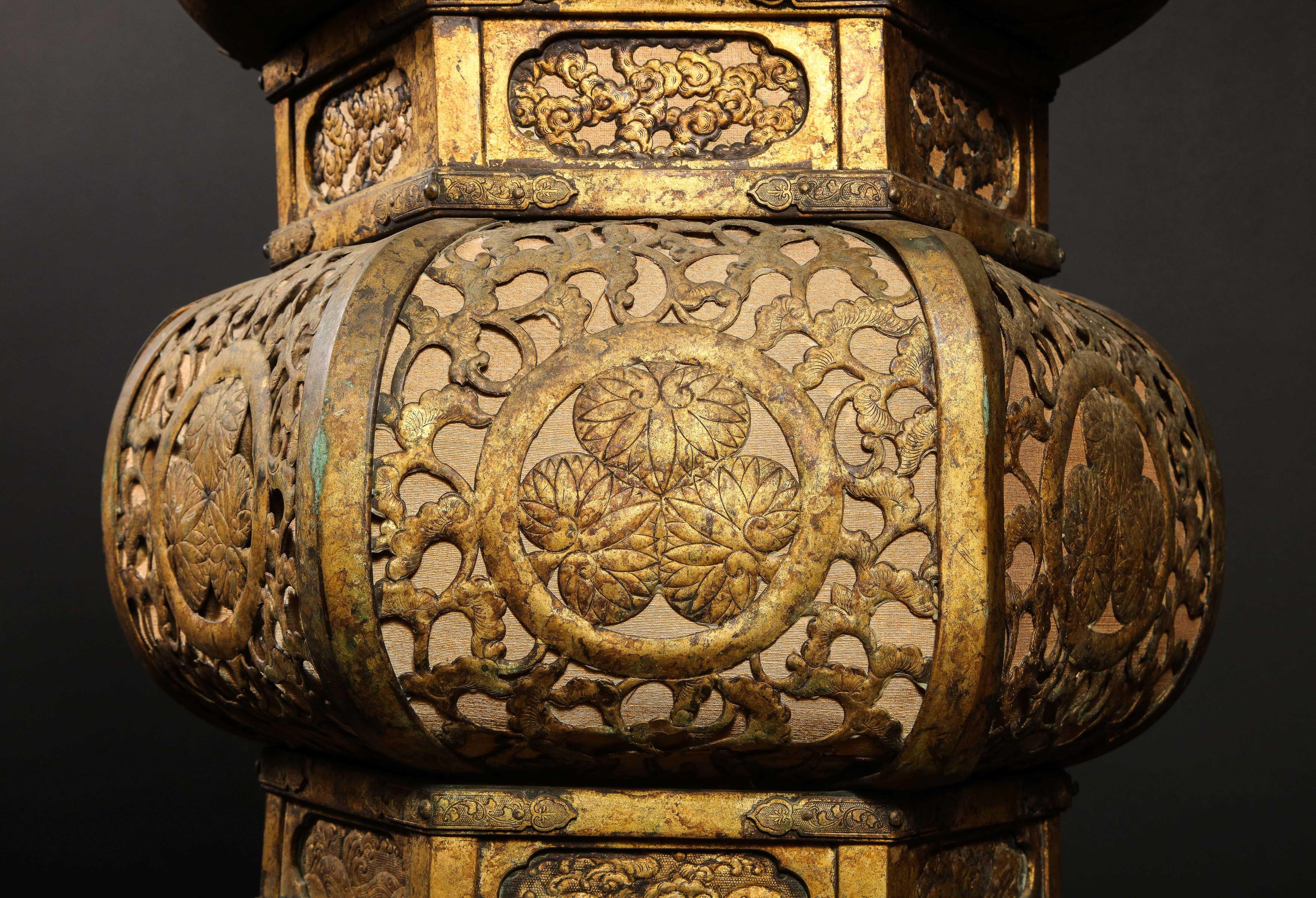 Japonisme Pair of Large Antique Japanese Gilt Copper Lanterns For Sale