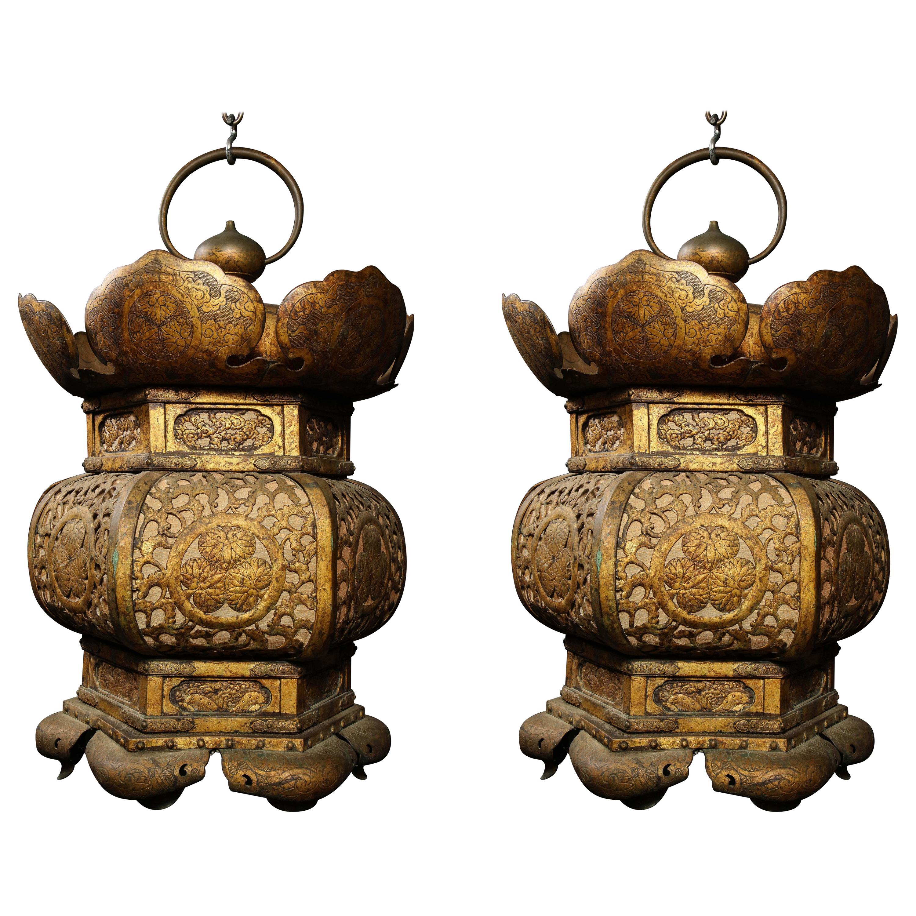 Pair of Large Antique Japanese Gilt Copper Lanterns