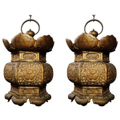 Pair of Large Vintage Japanese Gilt Copper Lanterns