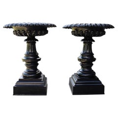 Pair Of Large Antique Co-operative Foundry Figural Cast Iron Garden Urns c1900