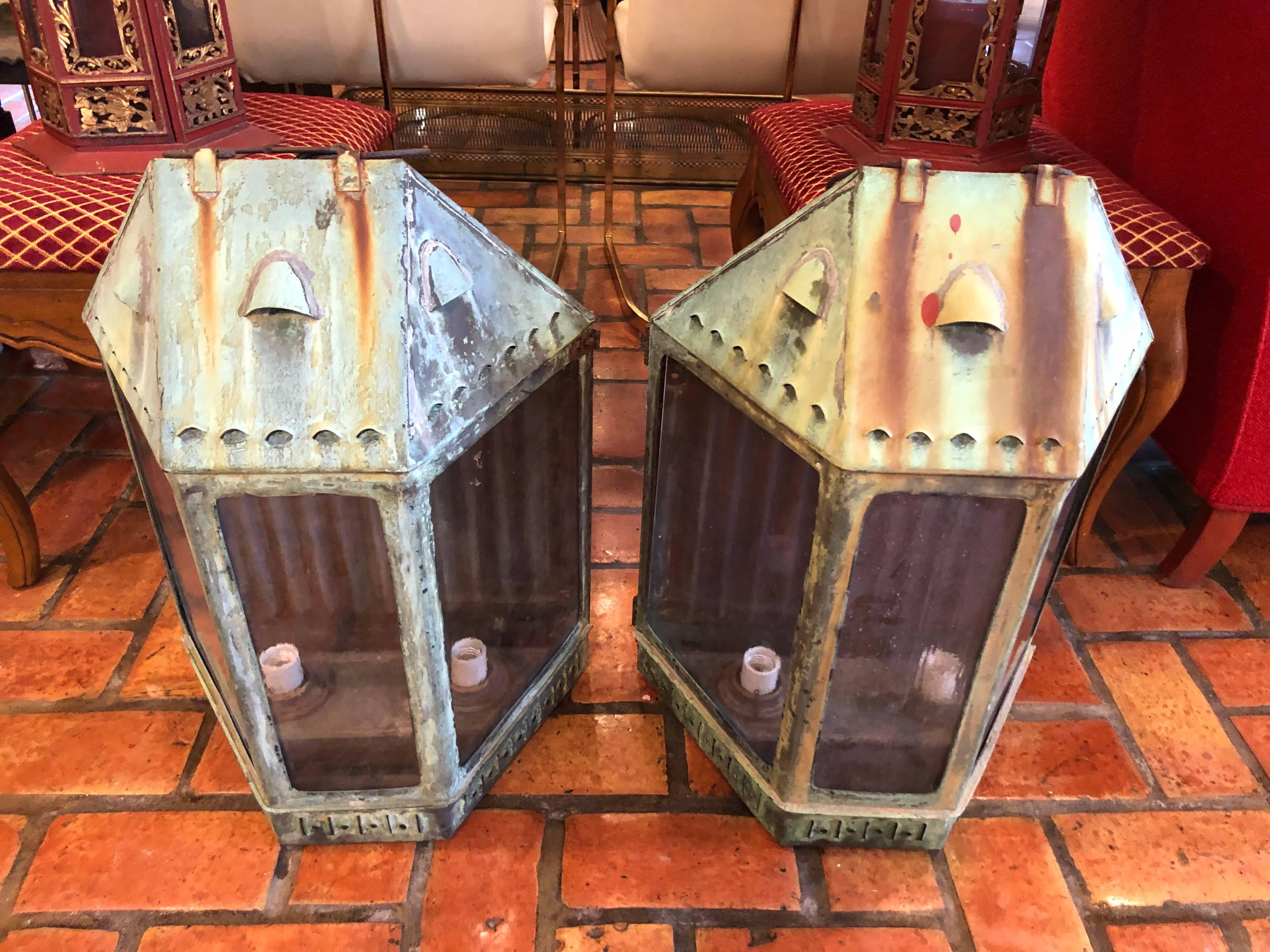 Arts and Crafts Pair of Large Antique Copper Lanterns 