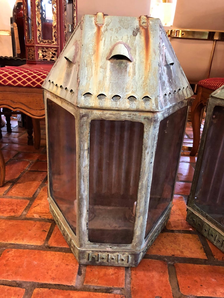 Pair of Large Antique Copper Lanterns For Sale at 1stDibs