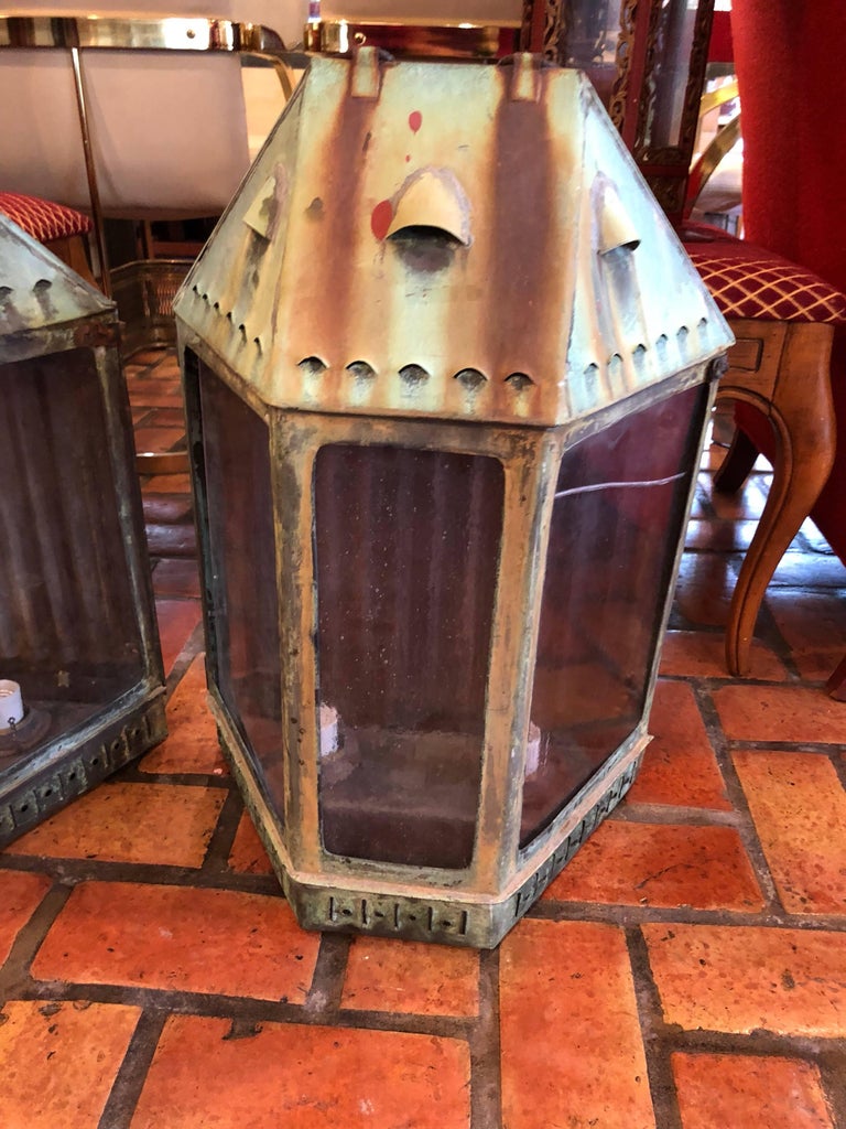 Pair of Large Antique Copper Lanterns For Sale at 1stDibs