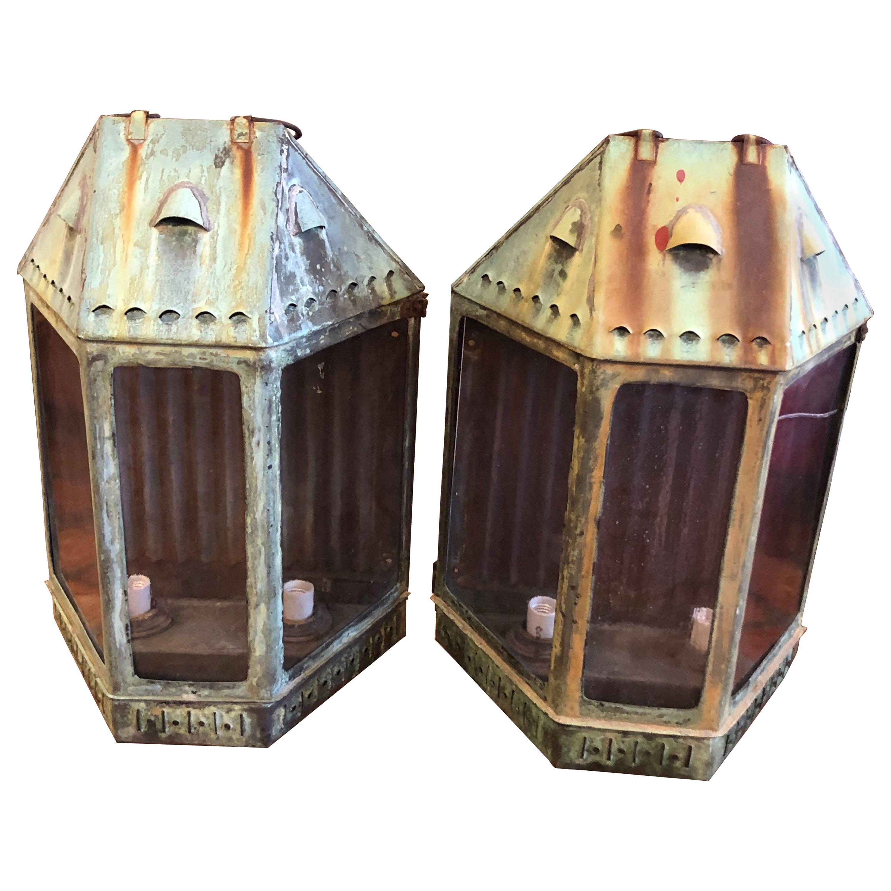 Pair of Large Antique Copper Lanterns 