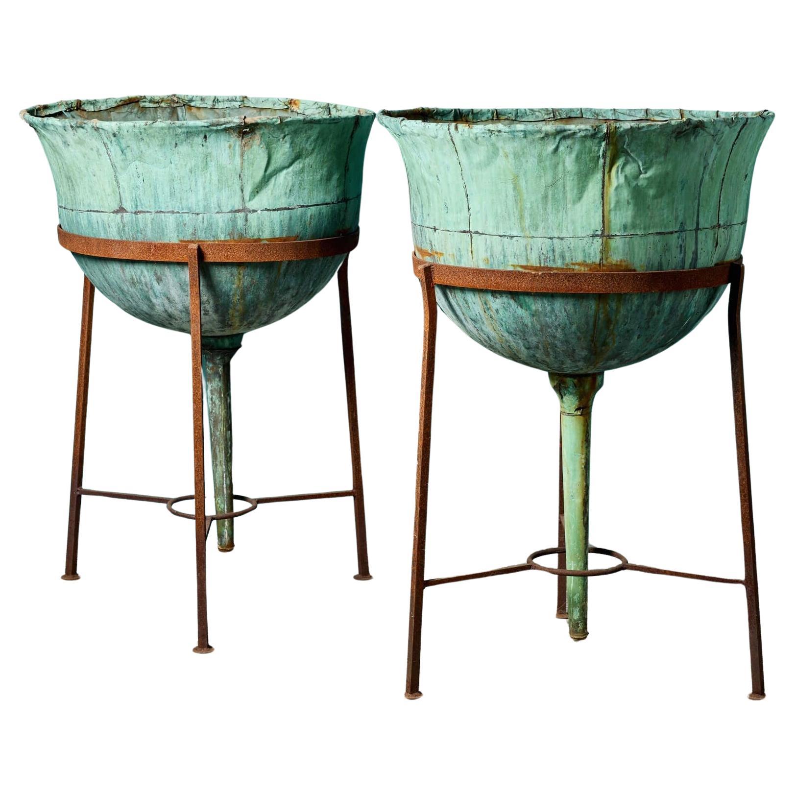 Pair of Large Antique Copper Planters For Sale