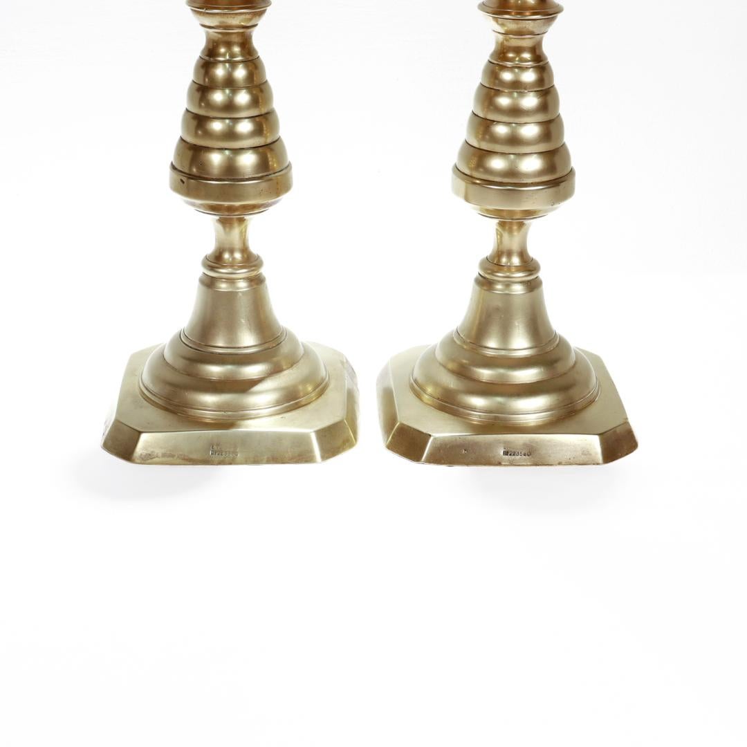 Pair of Large Antique English Brass Beehive Candlesticks For Sale 6