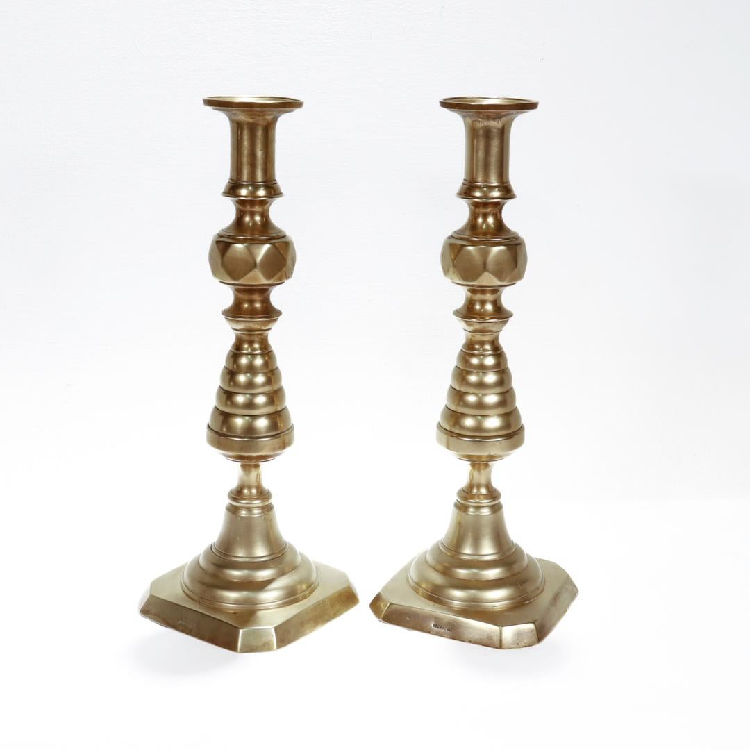 Victorian Pair of Large Antique English Brass Beehive Candlesticks For Sale