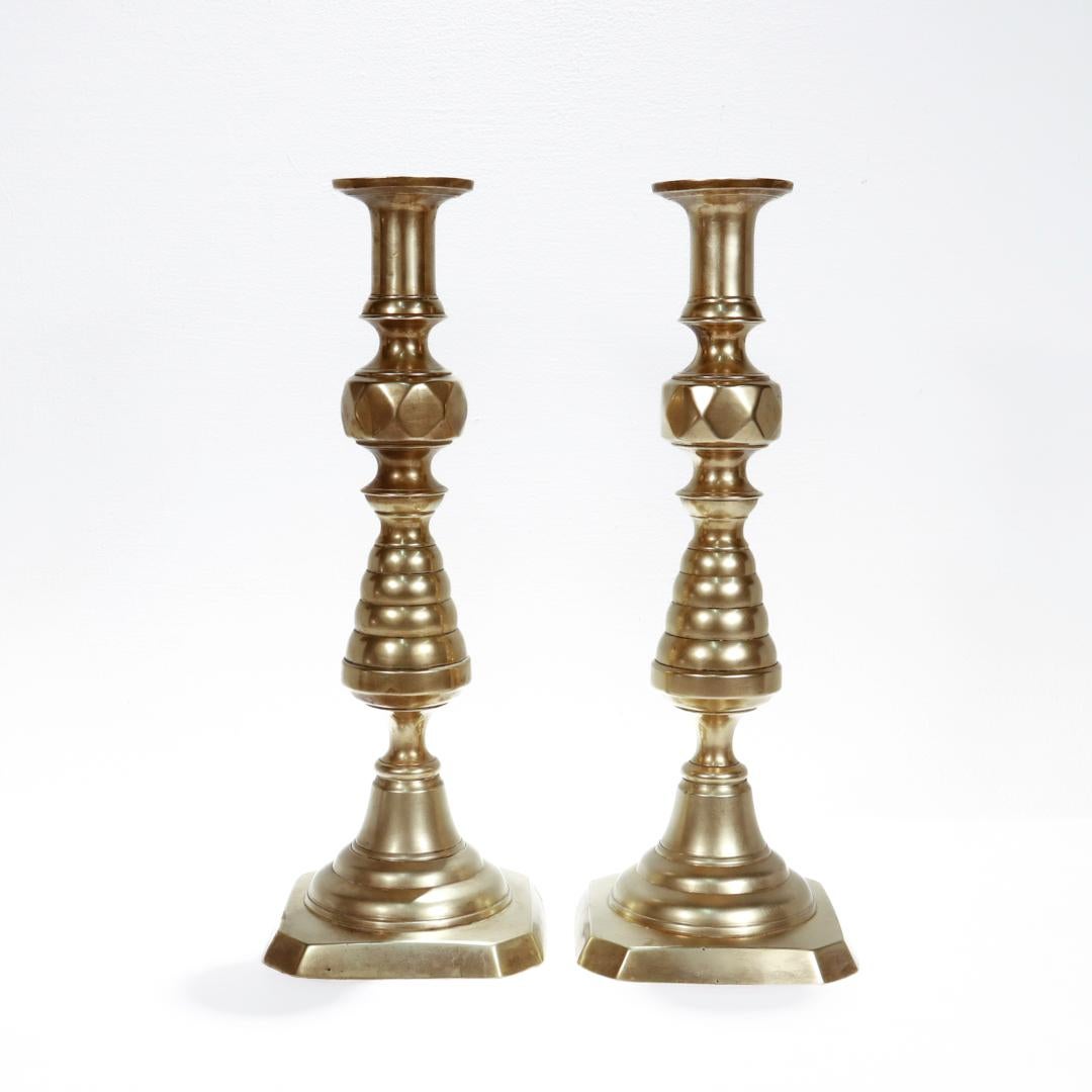 20th Century Pair of Large Antique English Brass Beehive Candlesticks For Sale