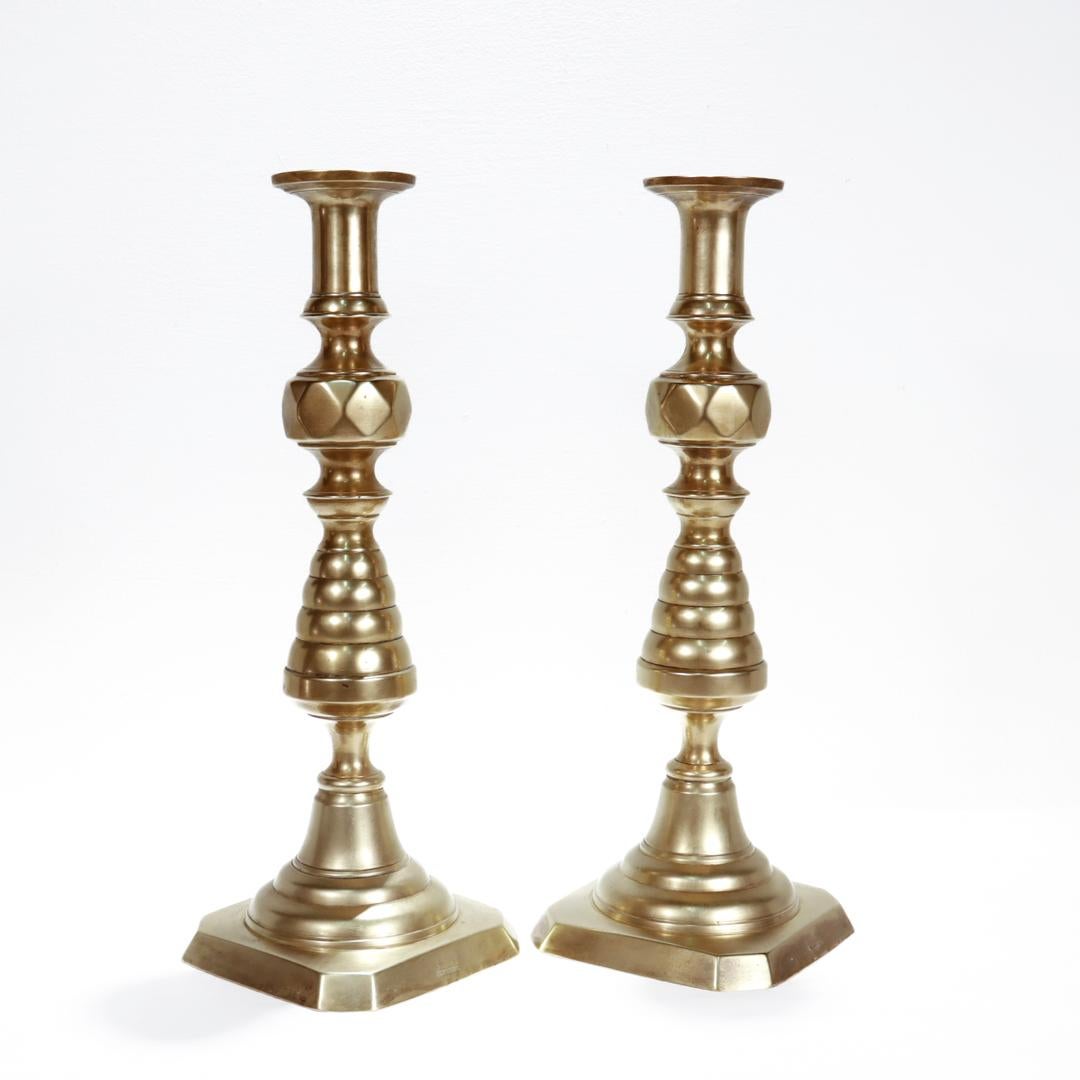 Pair of Large Antique English Brass Beehive Candlesticks For Sale 2