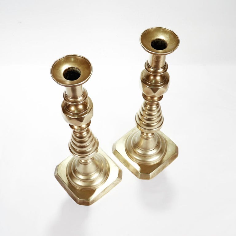 Mid 19th Century Pair of Antique Brass Beehive Candlesticks