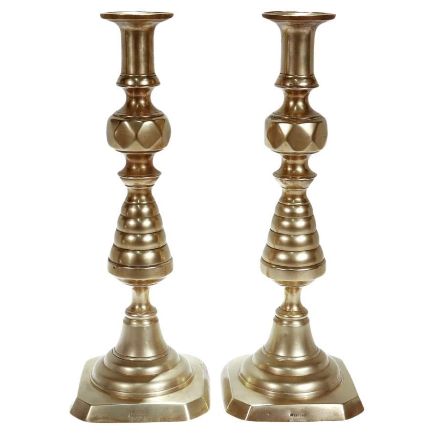 Pair of Large Antique English Brass Beehive Candlesticks For Sale