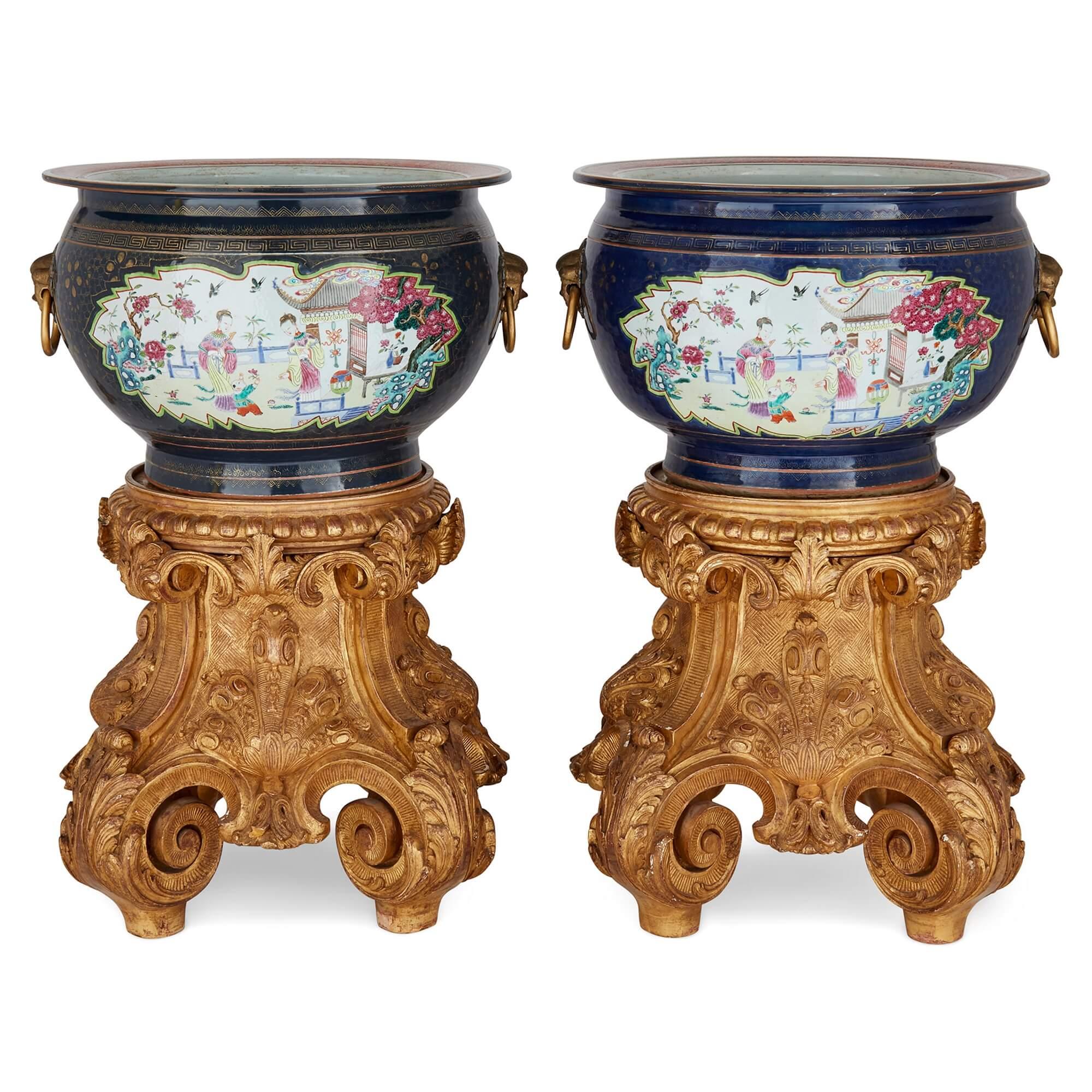 Chinese Pair of Large Antique Famille-Rose Porcelain Fish Bowls with Giltwood Stands For Sale