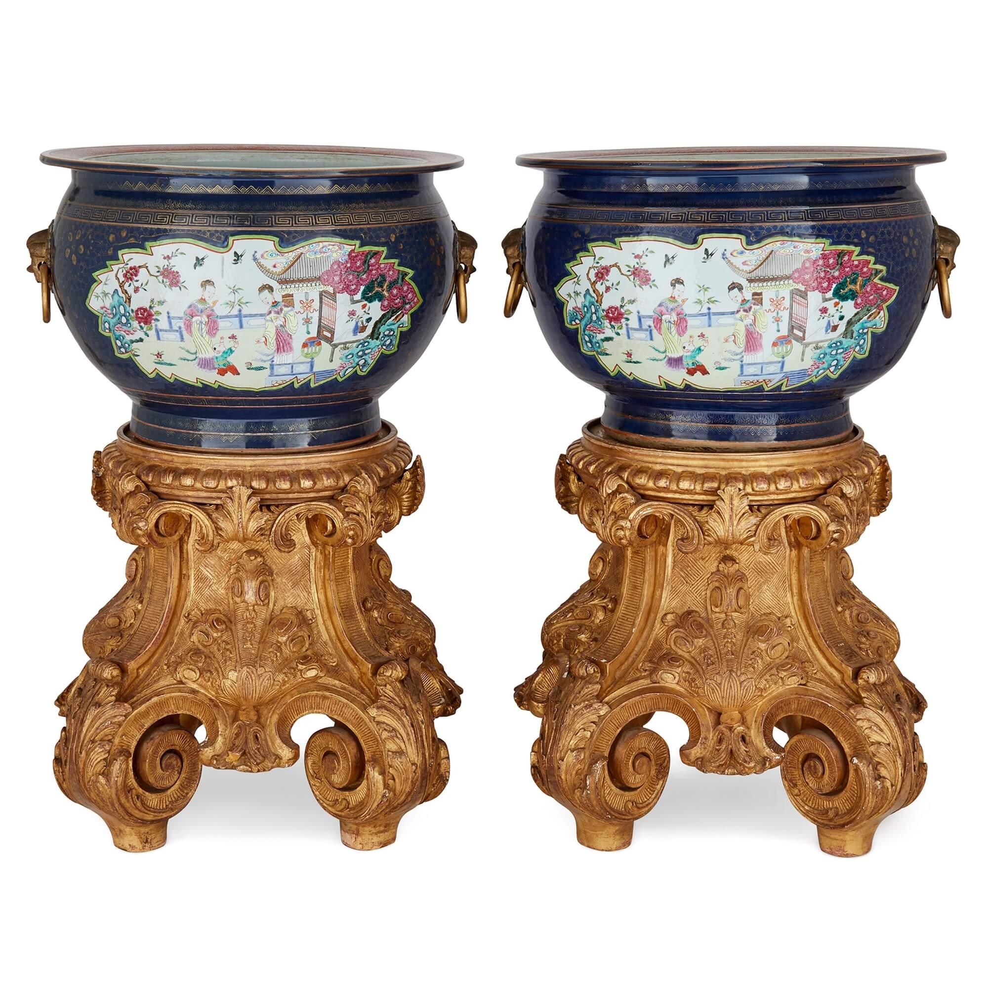 Painted Pair of Large Antique Famille-Rose Porcelain Fish Bowls with Giltwood Stands For Sale