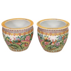 Pair of Large Vintage Famille Rose Porcelain Jardinieres