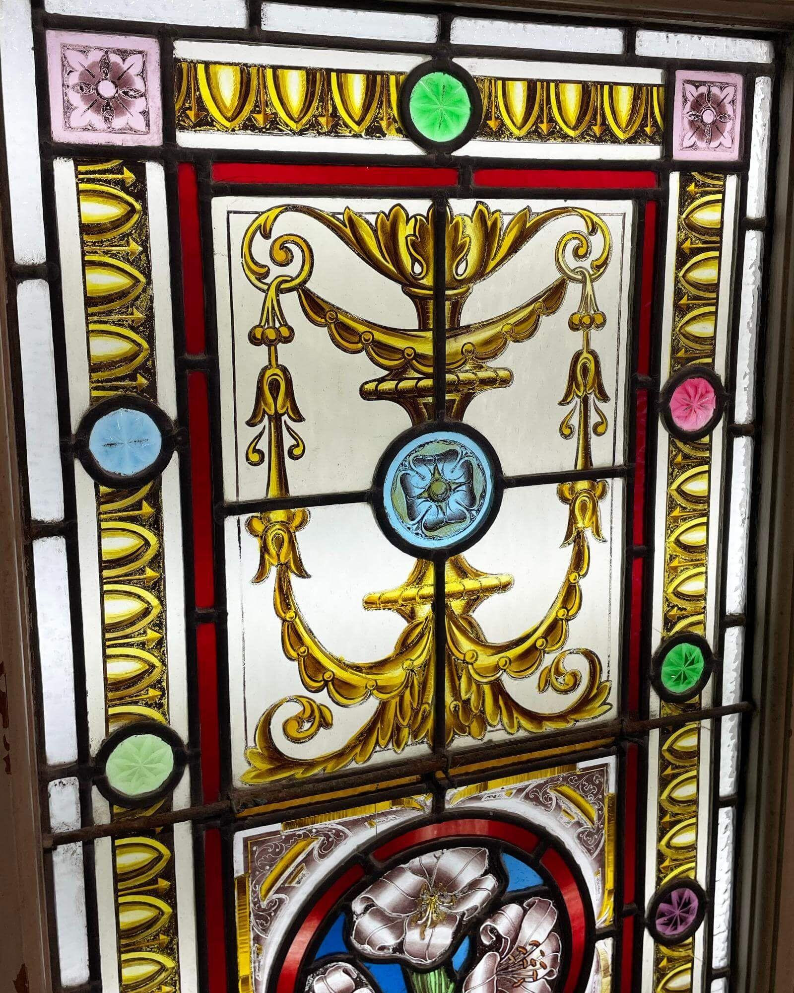 English Pair of Large Antique Floral Stained Glass Windows