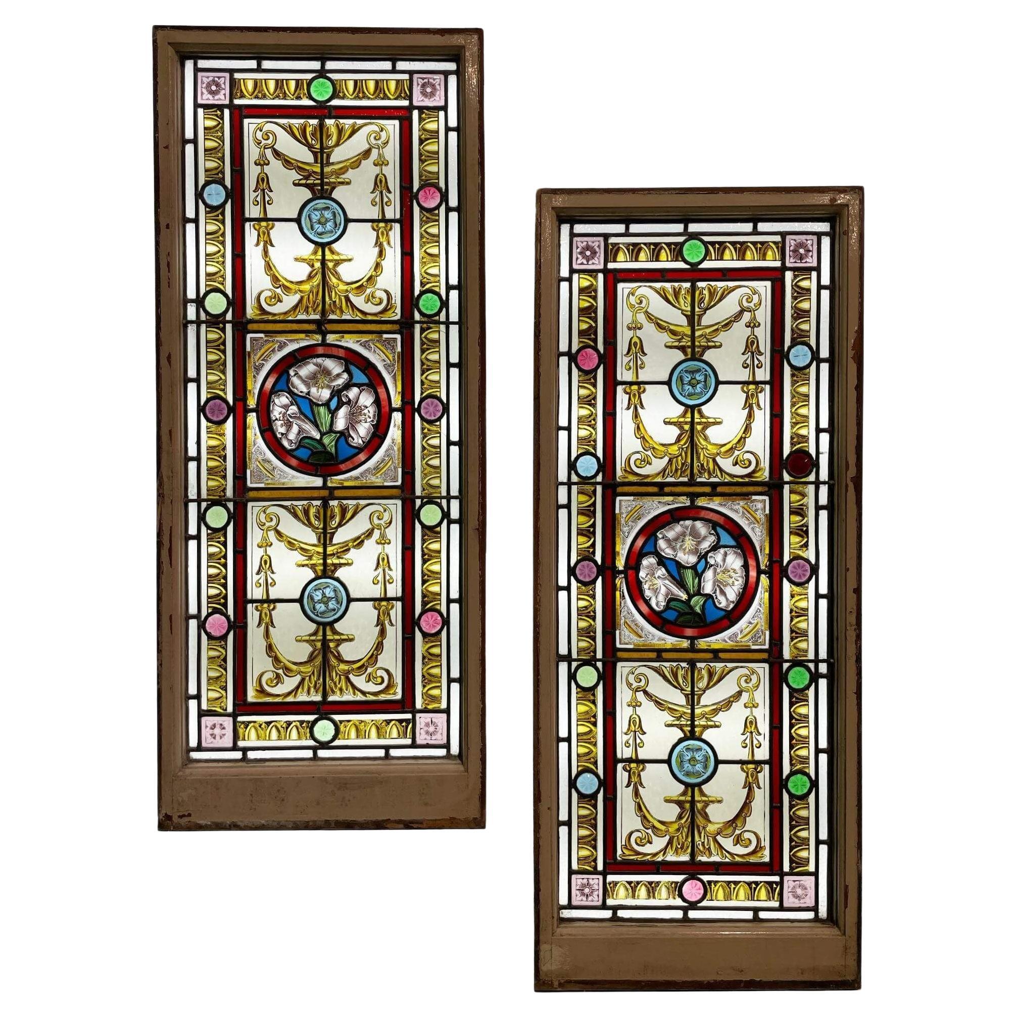 Pair of Large Antique Floral Stained Glass Windows For Sale