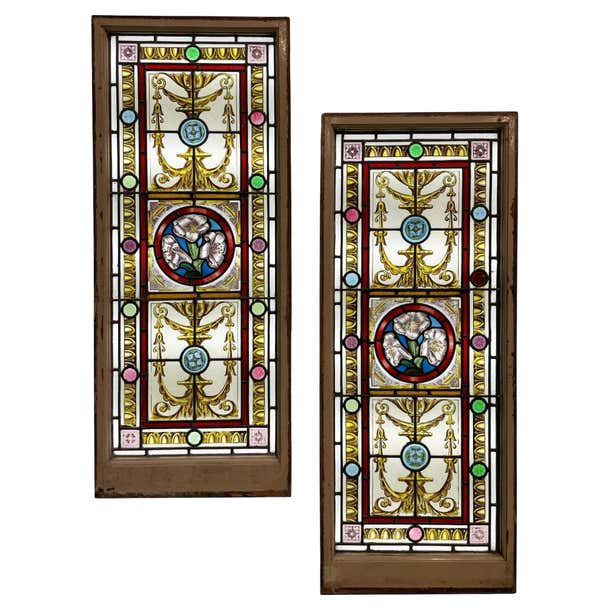 Pair of Large Antique Floral Stained Glass Windows For Sale at 1stDibs
