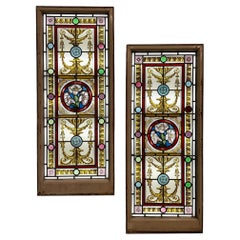 Pair of Large Antique Floral Stained Glass Windows