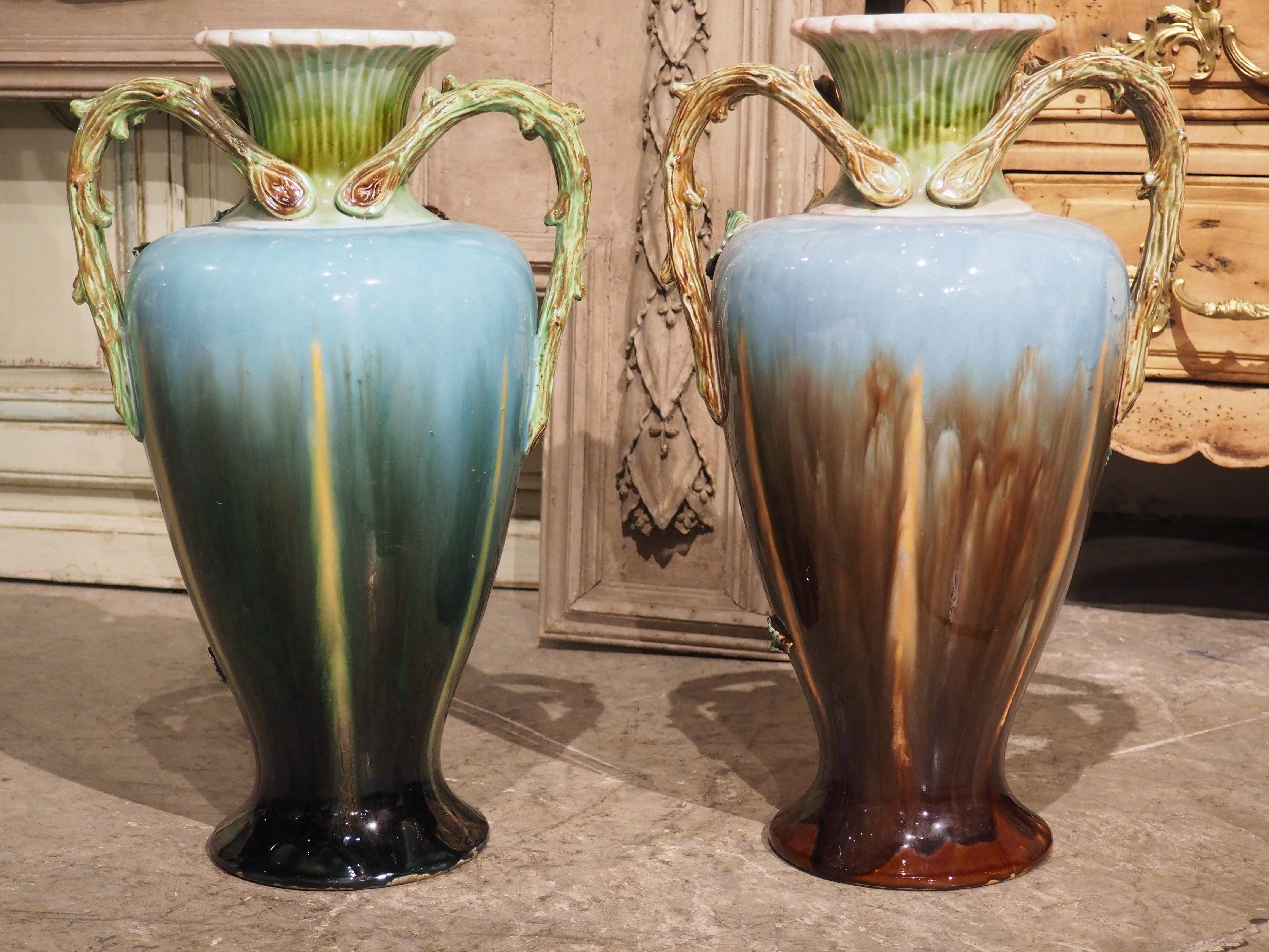 Pair of Large Antique French Art Nouveau Period Gros Relief Barbotine Vases For Sale 6
