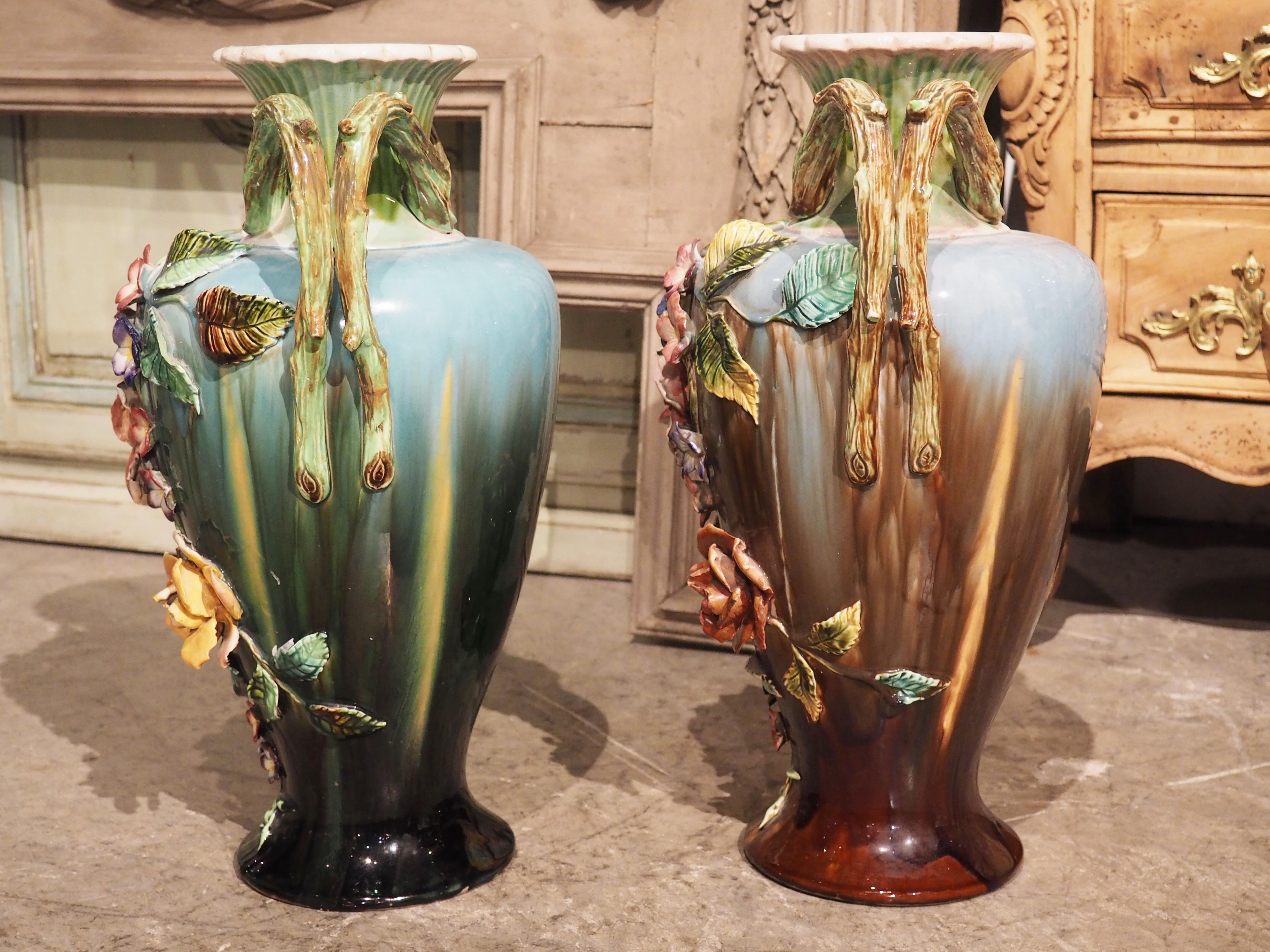 Pair of Large Antique French Art Nouveau Period Gros Relief Barbotine Vases For Sale 7