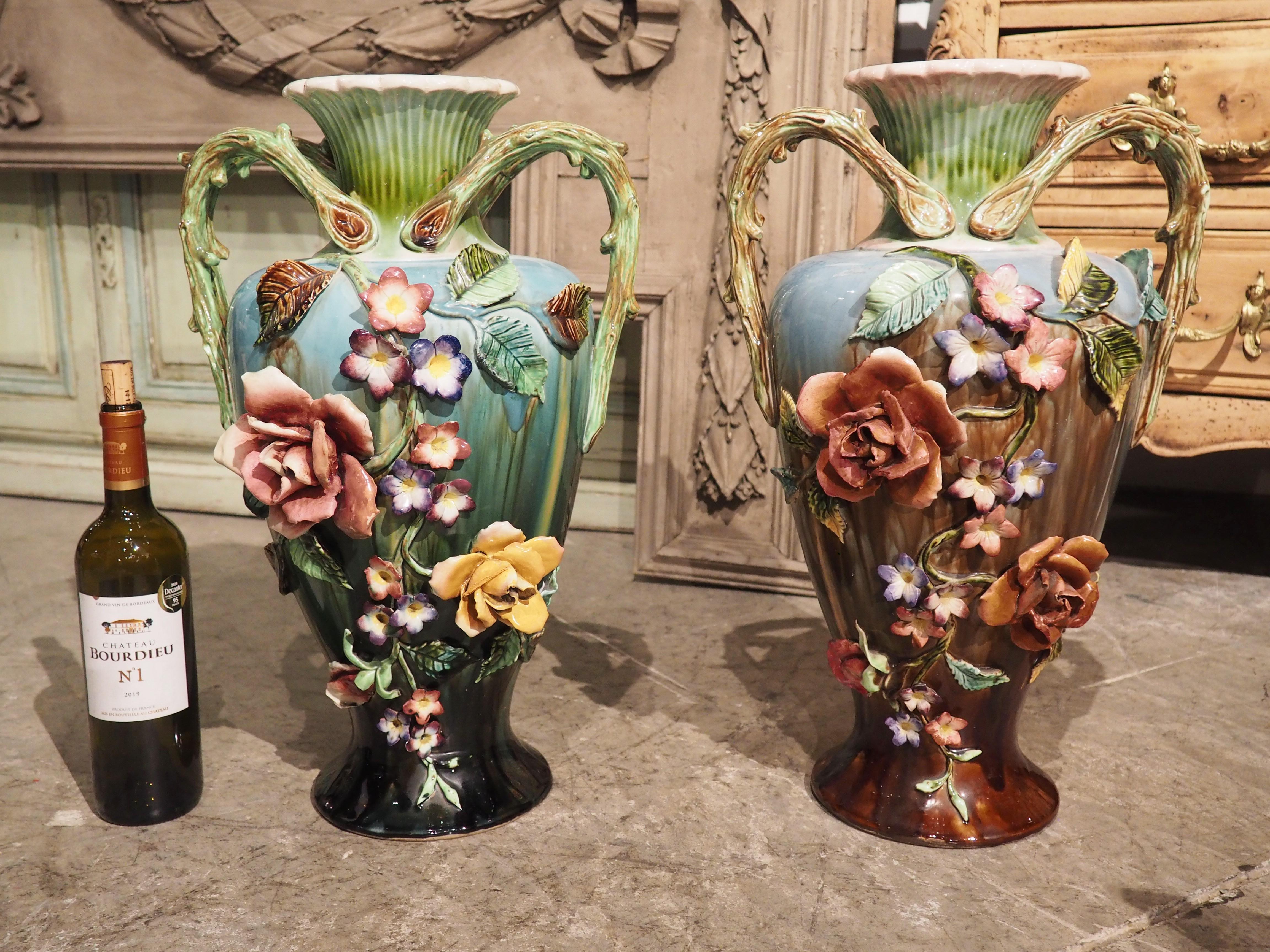 Early 20th Century Pair of Large Antique French Art Nouveau Period Gros Relief Barbotine Vases For Sale