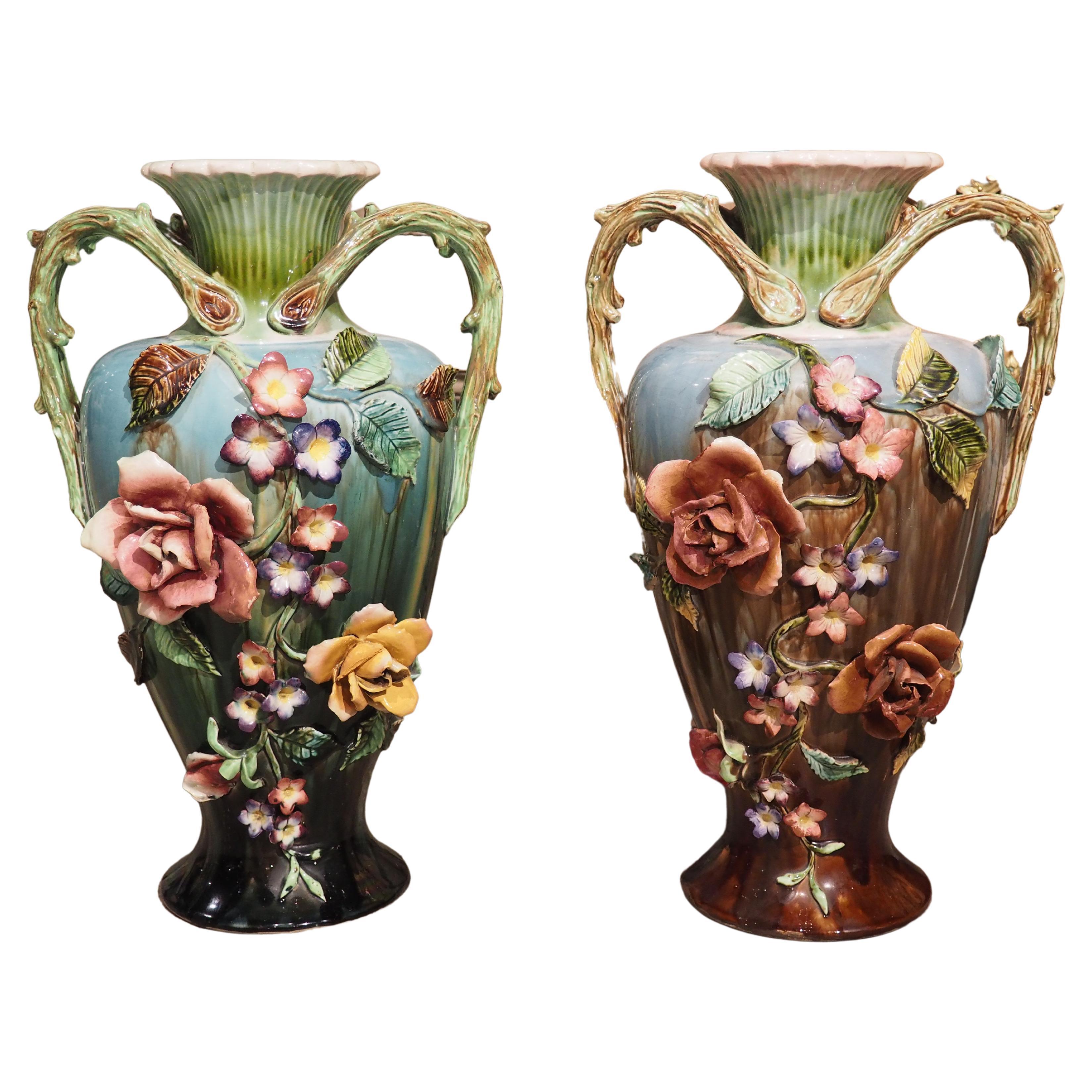 Pair of Large Antique French Art Nouveau Period Gros Relief Barbotine Vases For Sale