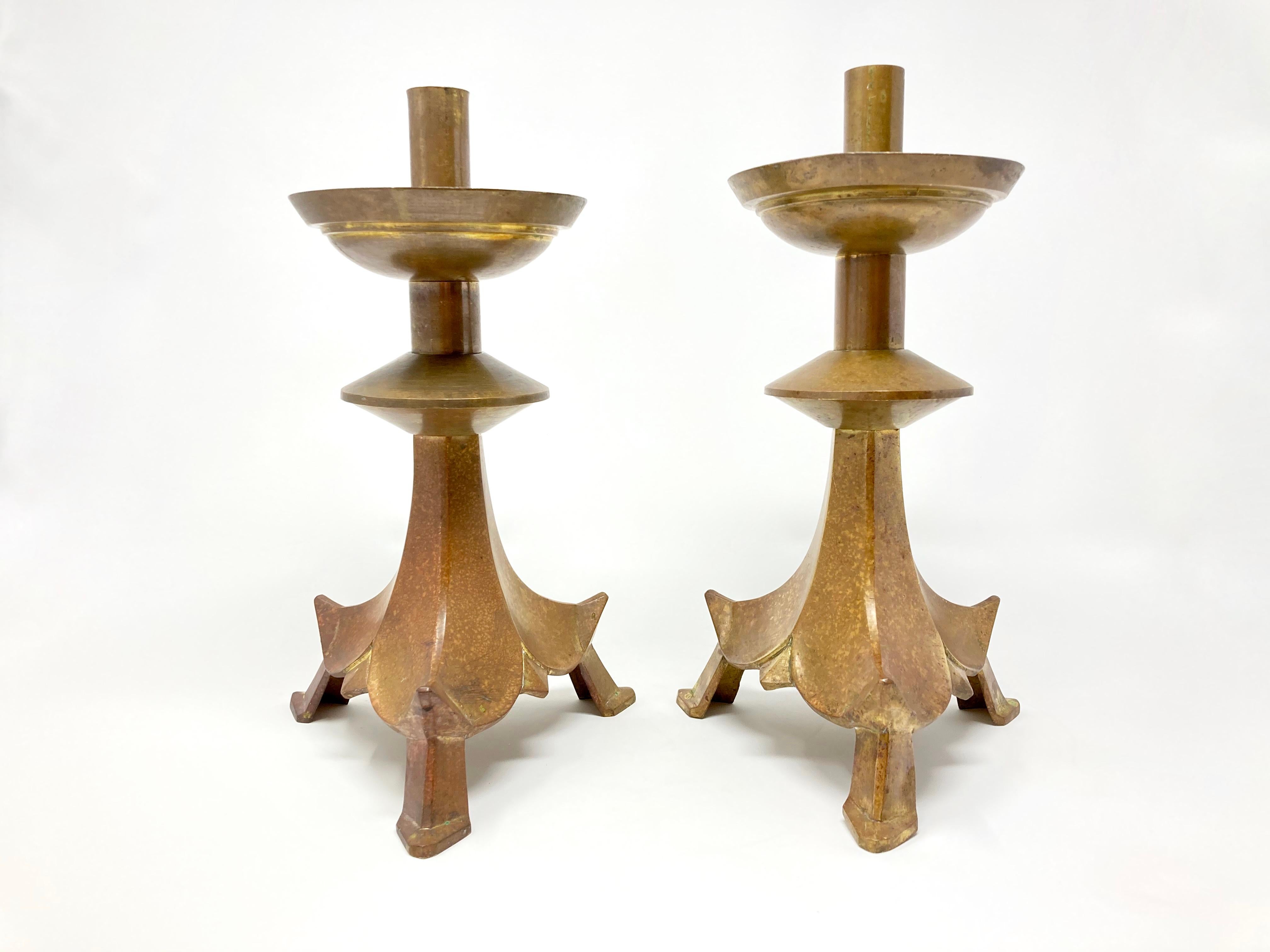 Metalwork Pair of Large Antique French Chinoiserie Brass Candlesticks in Pagoda Style For Sale