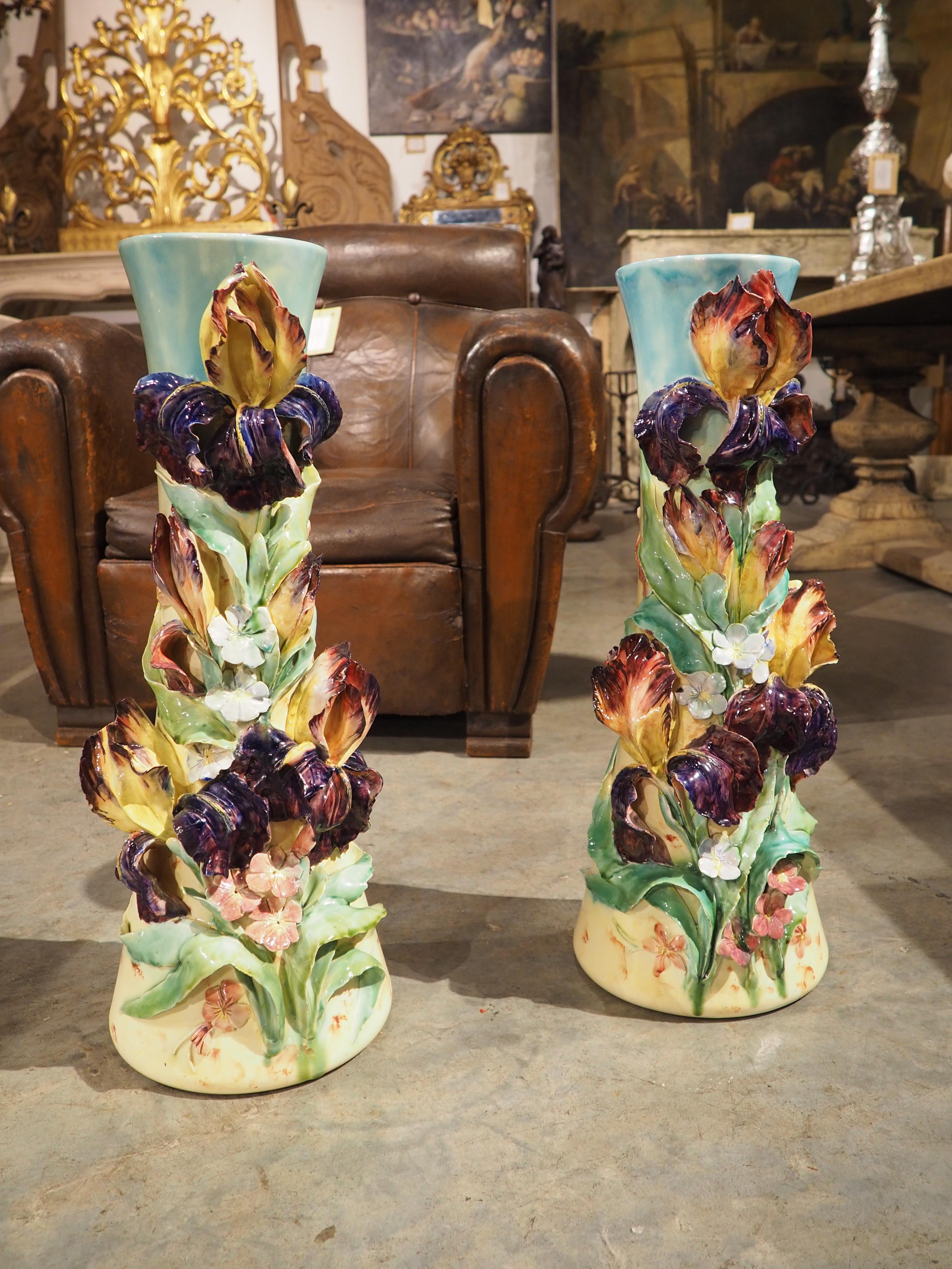 Paire de grands vases anciens à Barbotine de Longchamp, Circa 1890 5