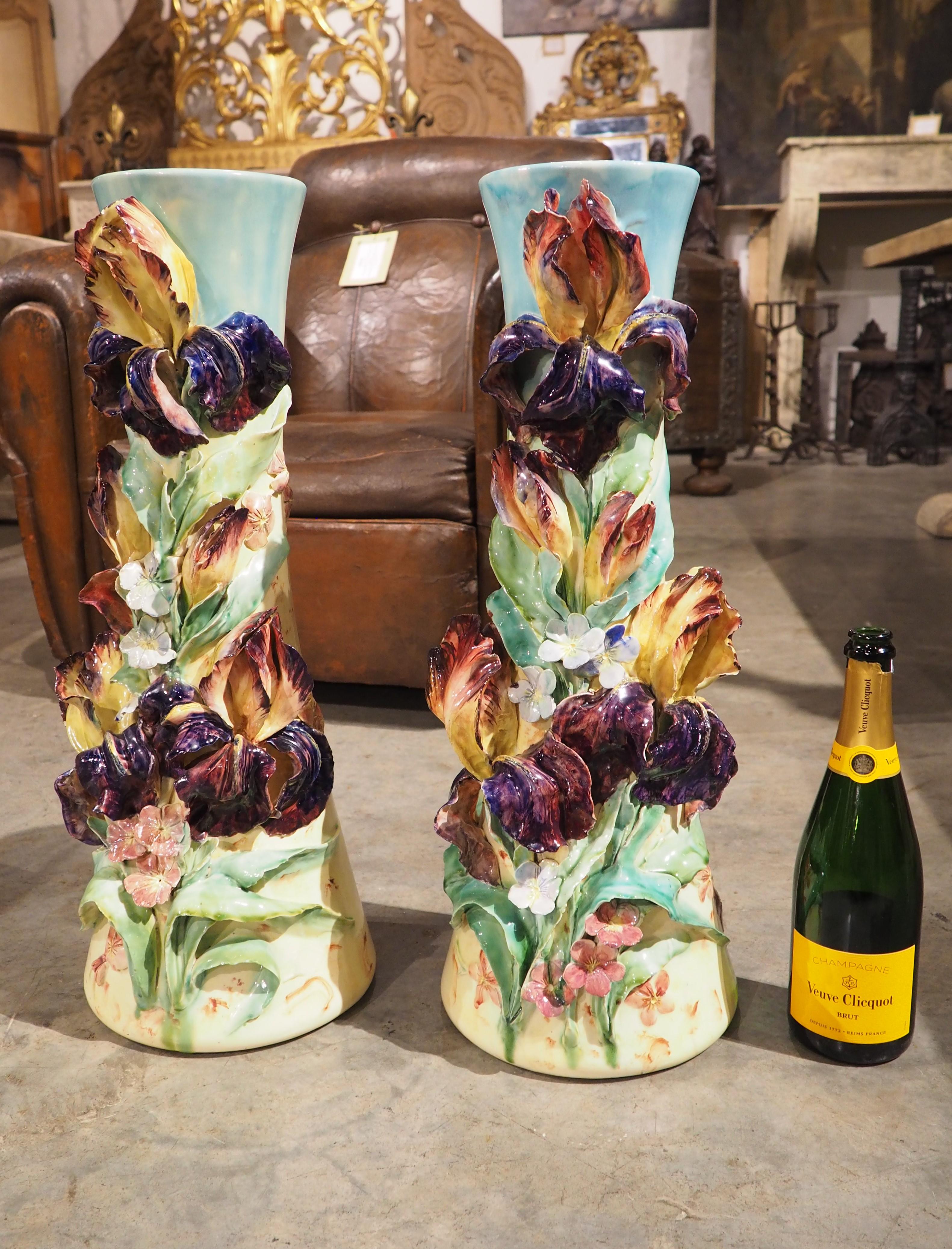 Paire de grands vases anciens à Barbotine de Longchamp, Circa 1890 13