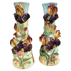 Pair of Large Antique French Longchamp Barbotine Vases, Circa 1890