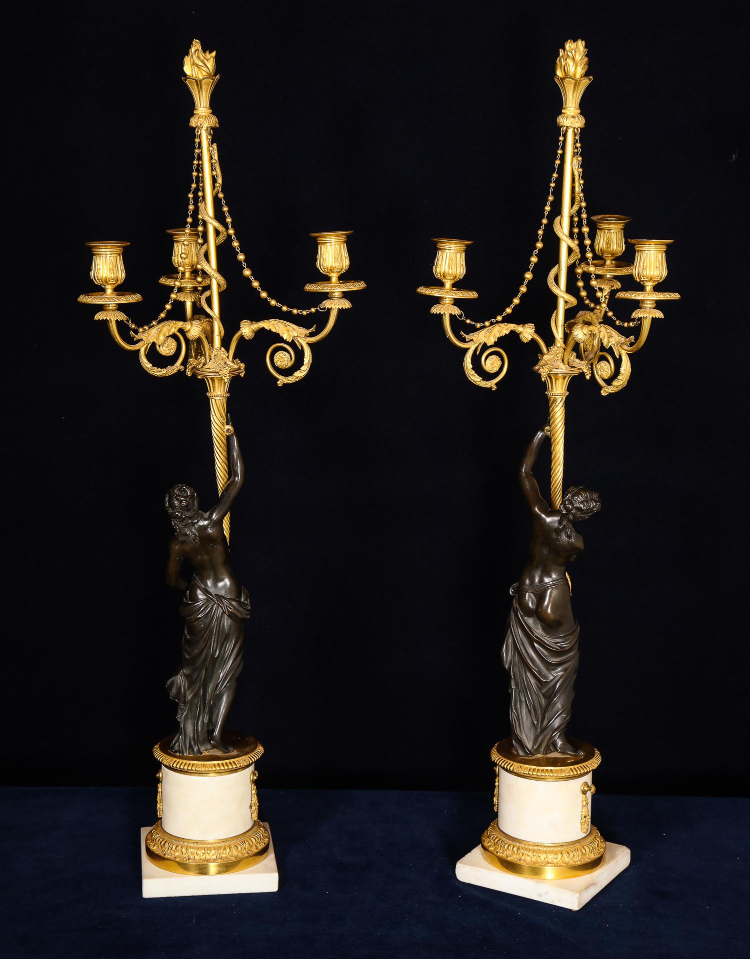Carved Pair of Large Antique French Louis XVI Figural Gilt Bronze & Marble Candelabras